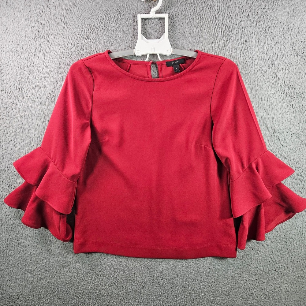 J‎ Crew Red Ruffle Sleeve Crew Neck Top Women Size 4 Polyester